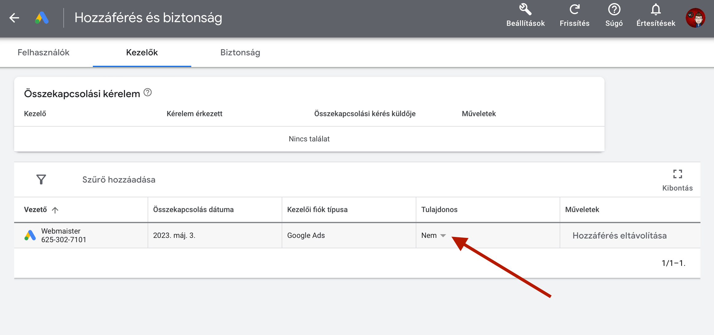 Google Ads kezelői jogosultság beállítása