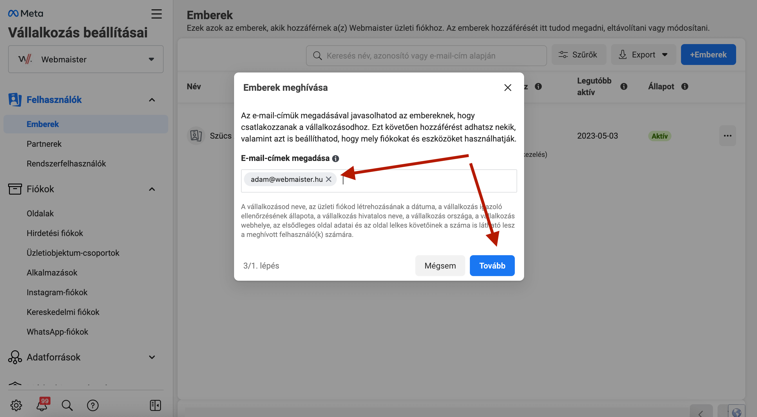 Facebook email cím megadása